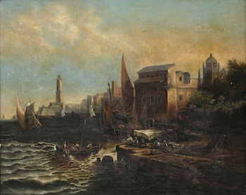 Appraisal: Continental School th Century Port Scene Oil on canvas no