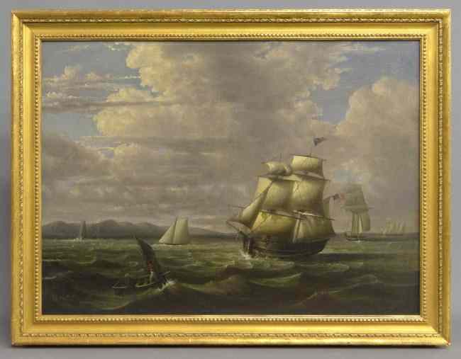 Appraisal: th c oil on canvas Naval scene Site '' x