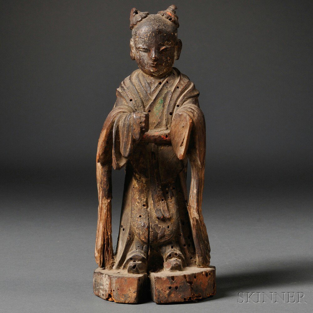 Appraisal: Wood Carving of a Boy Attendant China standing figure dressed