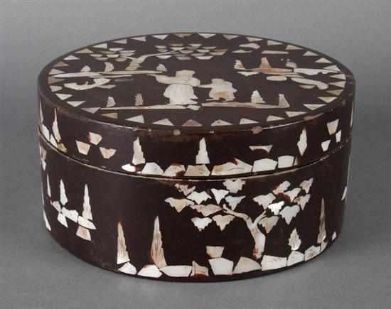 Appraisal: Chinese Export mother-of-pearl inlaid papier-mache box late th century inlaid