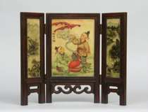 Appraisal: Miniature Hand Painted Porcelain Panel Screen Three porcelain panels are