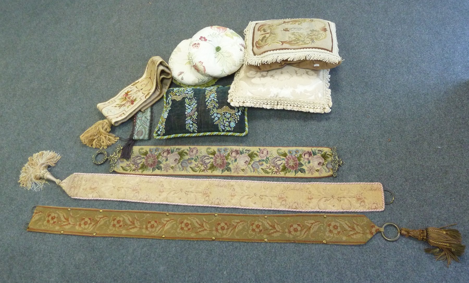 Appraisal: Five needlework bell-pulls and various cushions