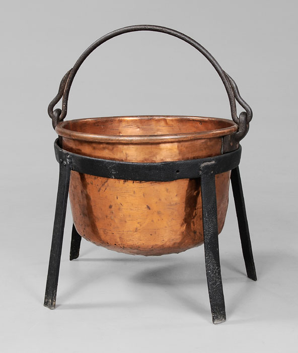 Appraisal: Copper Kettle With Stand th century dovetailed construction wrought iron