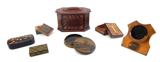 Appraisal: Seven decorative boxes th C circular covered box painted decoration