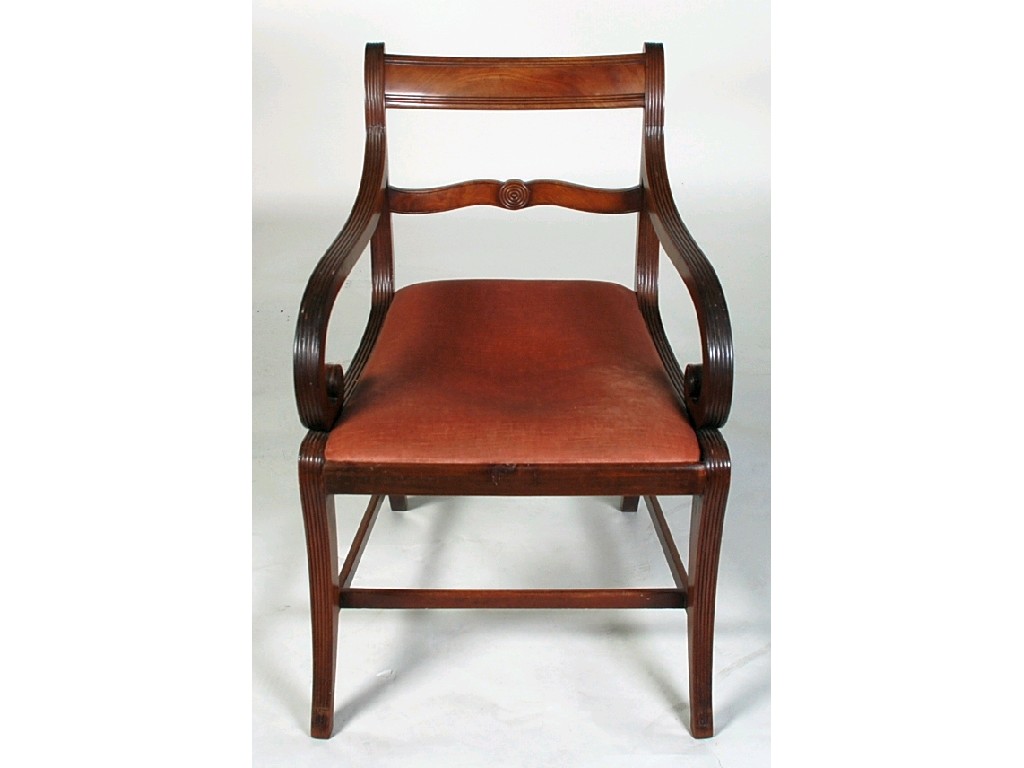 Appraisal: REGENCY PERIOD REEDED MAHOGANY CARVER ARMCHAIR the scooped oblong top