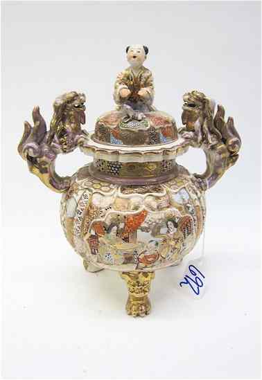 Appraisal: JAPANESE SATSUMA POTTERY TRI-FOOTED JAR hand enameled with figures in