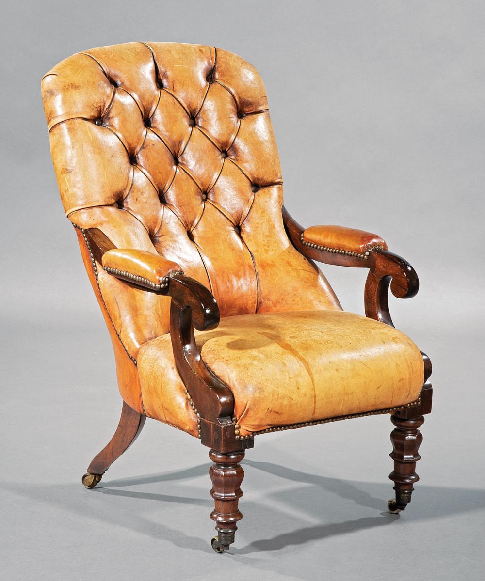 Appraisal: William IV Carved Mahogany and Leather Library Chair button-tufted back