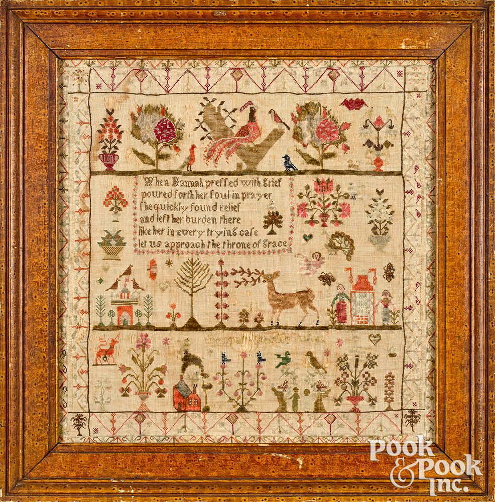 Appraisal: English silk on linen sampler early th c English silk