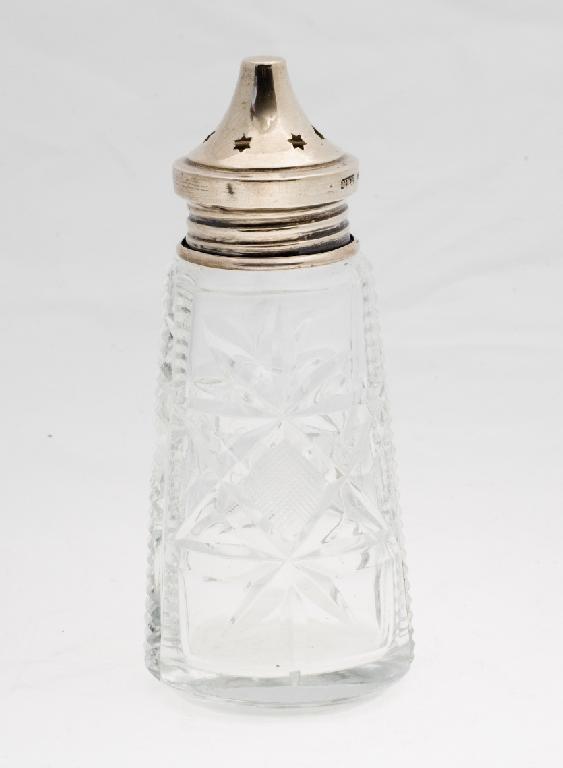 Appraisal: GEORGE V SILVER-MOUNTED CUT-GLASS SUGAR SIFTER LONDON of tapering cylindrical