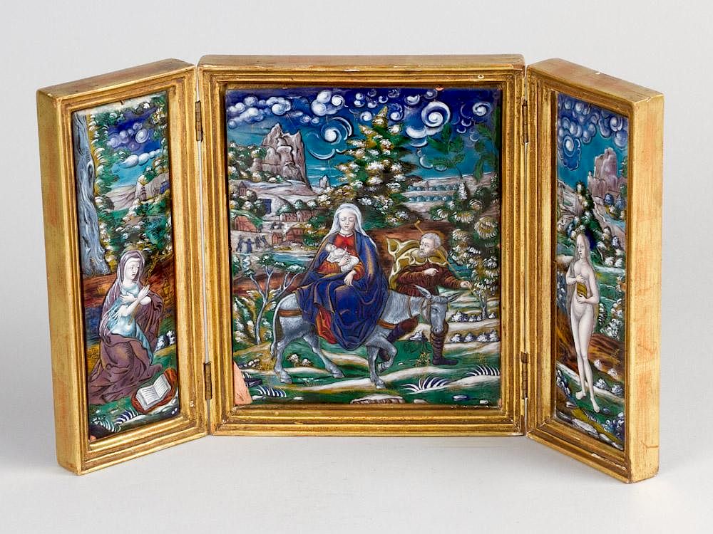 Appraisal: A small Limoges travel triptych A small Limoges travel triptych