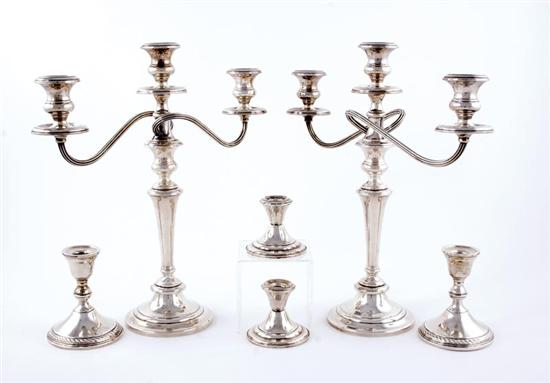 Appraisal: Three pairs sterling candlesticks pair three-light candelabra H two pairs