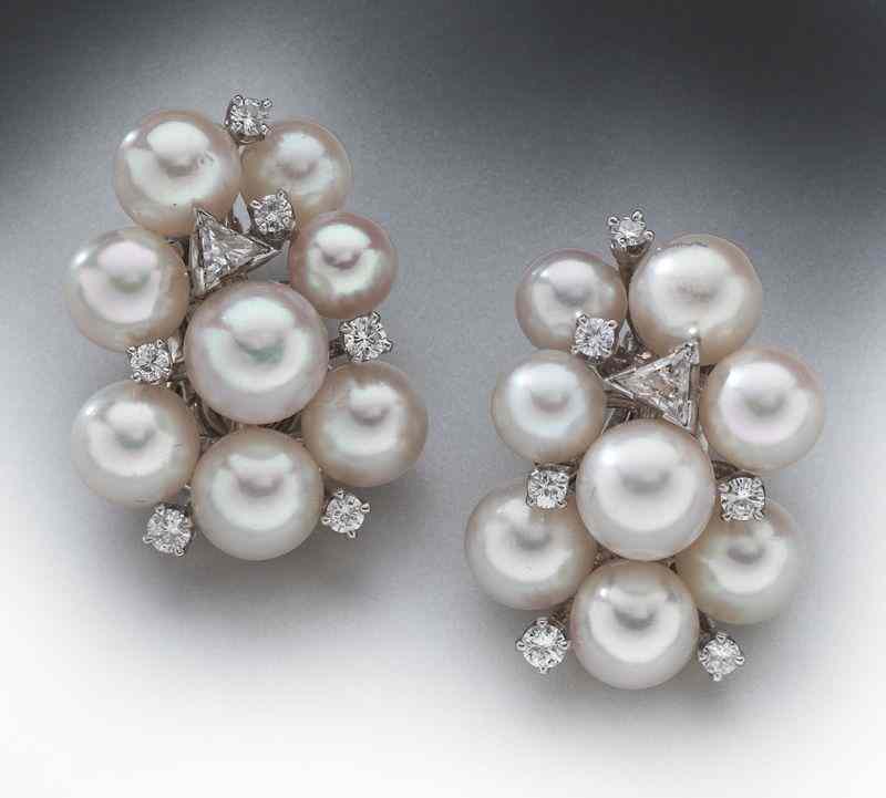 Appraisal: Retro K gold diamond and pearl earringshaving round cultured pearls