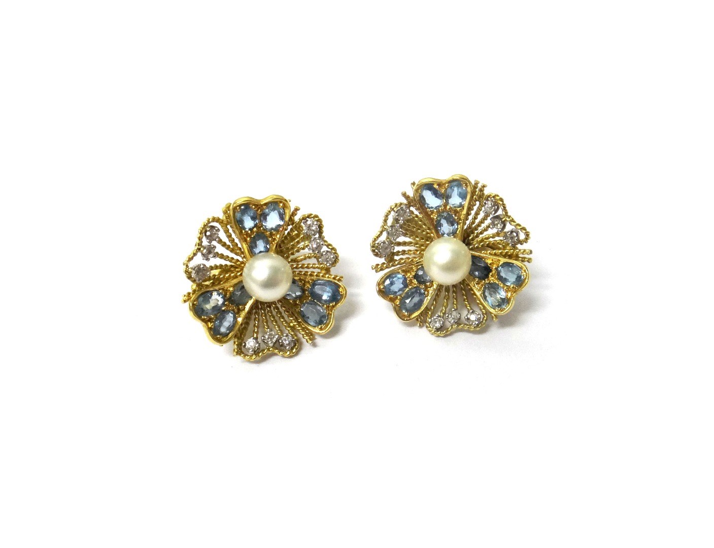 Appraisal: A pair of ct gold aquamarine diamond and cultured pearl