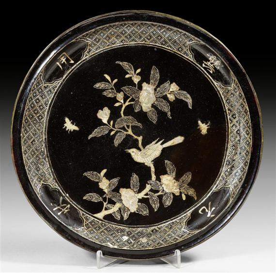 Appraisal: A RARE BLACK LACQUER PLATE WITH MOTHER OF PEARL INLAYS