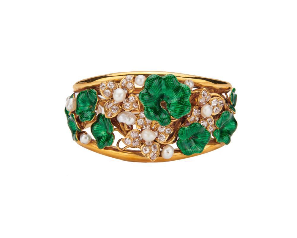 Appraisal: K Gold Diamond Pearl and Enamel Bracelet the hinged bangle