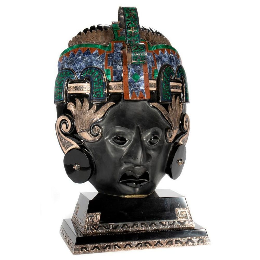 Appraisal: Malachite and Lapis Inlaid Stone Bust of Aztec God Set