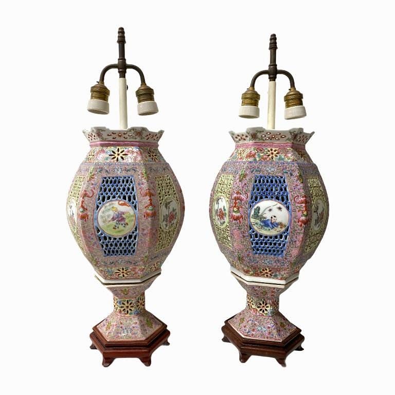 Appraisal: Pair of Vintage Chinese Porcelain Lantern Lamps Pair of Vintage