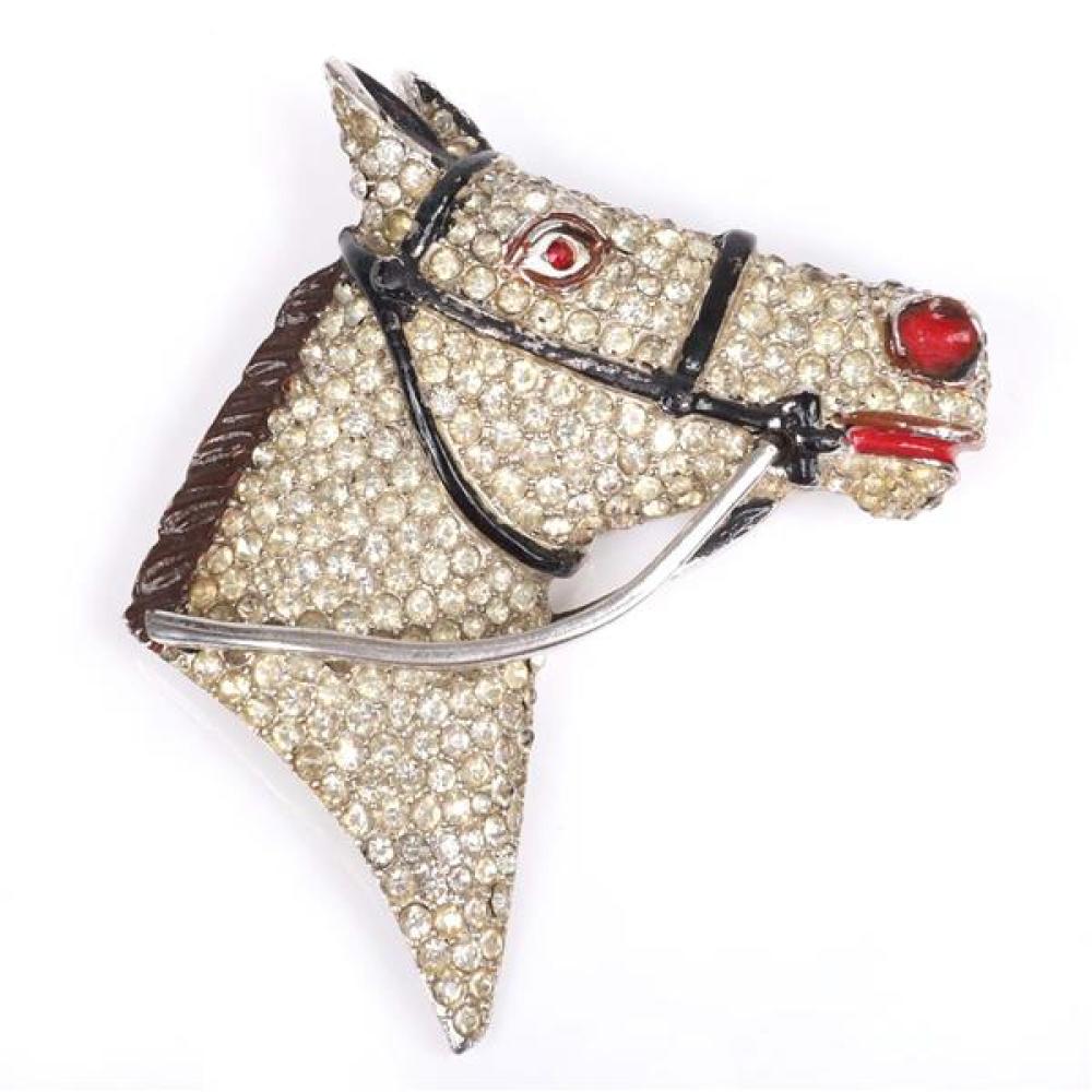 Appraisal: CORO PAVE RHINESTONE AND ENAMEL HORSE HEAD PROFILE FIGURAL PIN