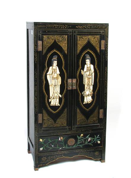 Appraisal: An Asian miniature lacquered cabinet together with a pair of