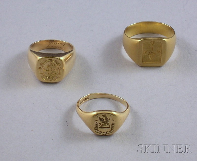 Appraisal: Three kt Gold Signet Rings sizes to