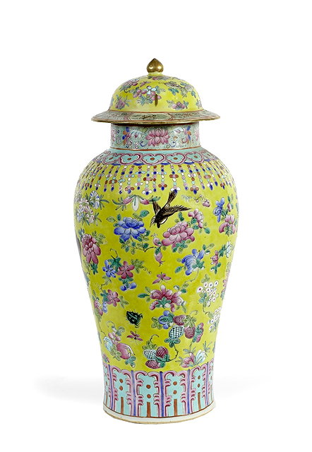 Appraisal: A Chinese Canton yellow ground baluster vase and coverdecorated in