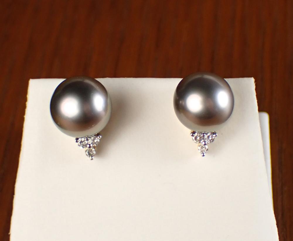 Appraisal: PAIR OF BLACK PEARL AND DIAMOND STUD EARRINGS each k