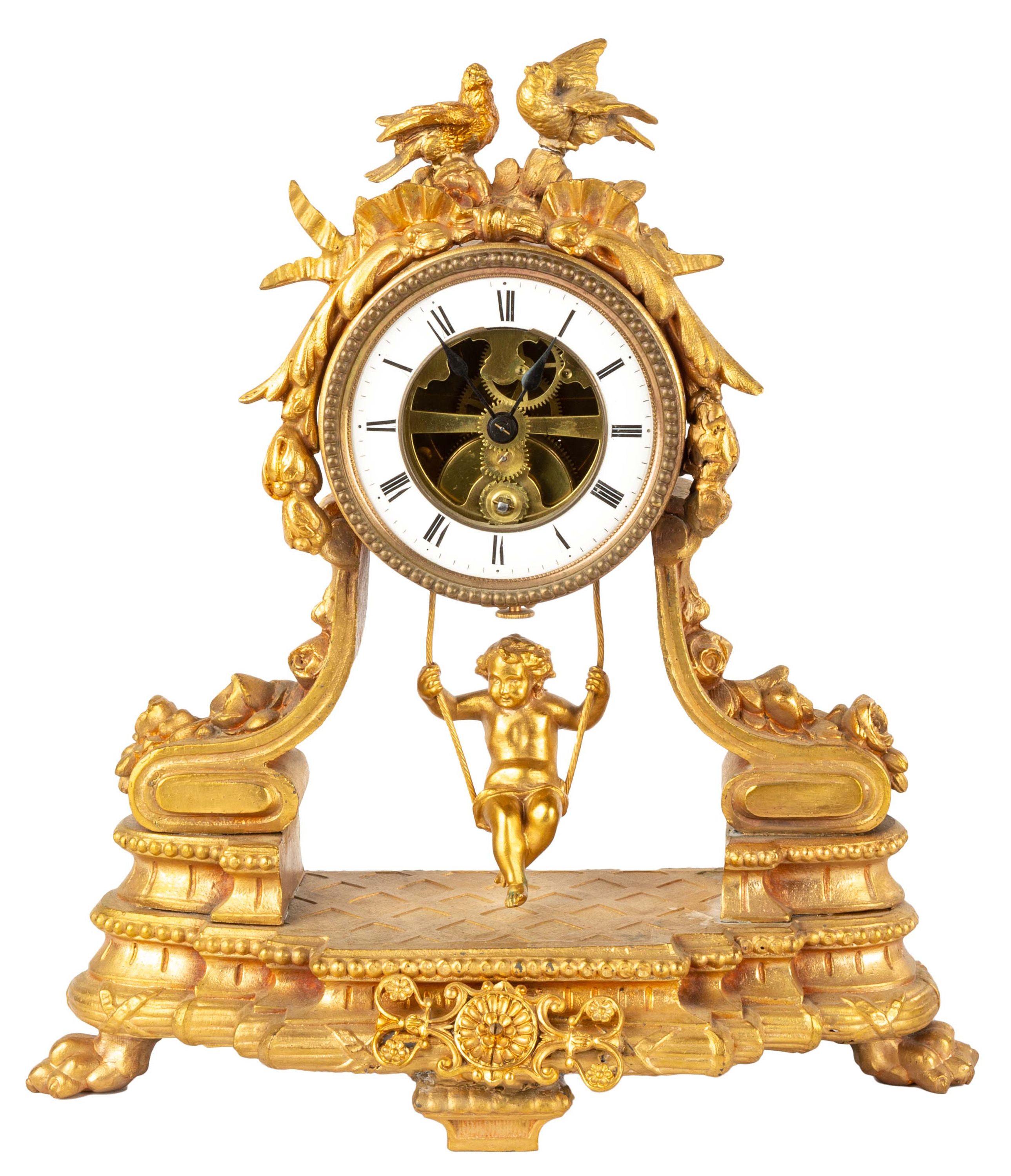 Appraisal: FRENCH GILT METAL SWINGING PENDULUM SHELF CLOCK circa Porcelain movement