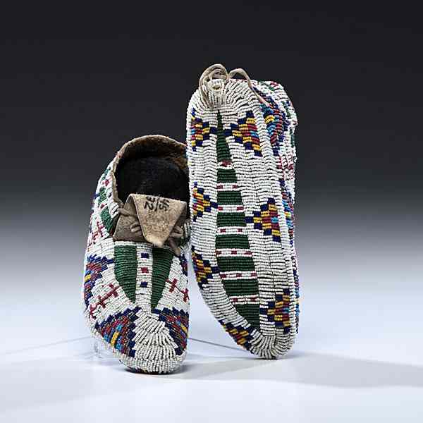 Appraisal: Sioux Fully Beaded Hide Moccasins sinew-sewn and beaded using colors