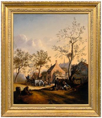 Appraisal: Dutch School genre painting figures outside a tavern bears signature