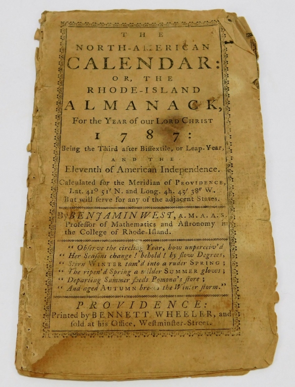 Appraisal: NORTH AMERICAN CALENDAR RHODE ISLAND ALMANAC Rhode Island Printed by