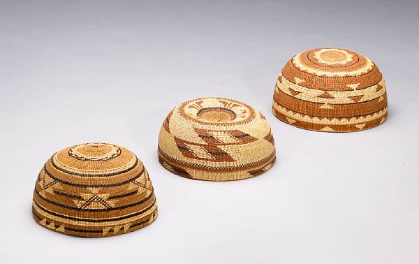 Appraisal: Three Northwest California polychrome hats With various stepped triangle rhomboid