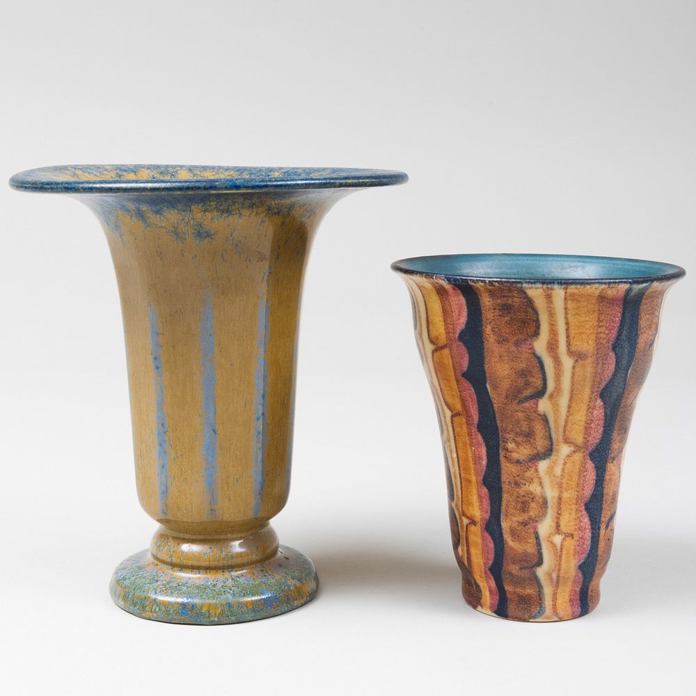 Appraisal: Two Rookwood Pottery Glazed Flaring Vases Impressed mark The larger