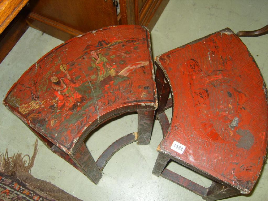 Appraisal: A pair of th century red lacquered stools of half