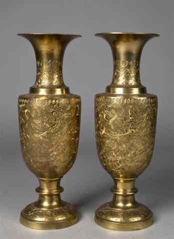 Appraisal: Pr Of Indian Brass Etched VasesEtched vases depicting floral and