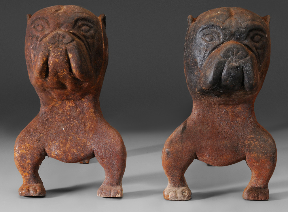 Appraisal: Pair Cast Iron Bulldog Andirons each in two parts heavy