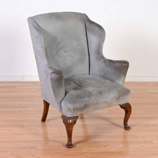 Appraisal: Diminutive Georgian style mahogany wing chair th c blue suede