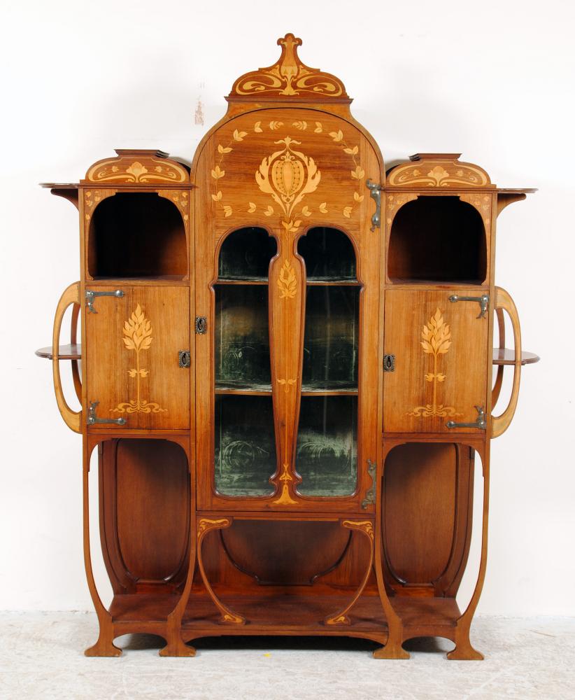 Appraisal: AN ART NOUVEAU MAHOGANY DISPLAY CABINET with marquetry swirling foliage