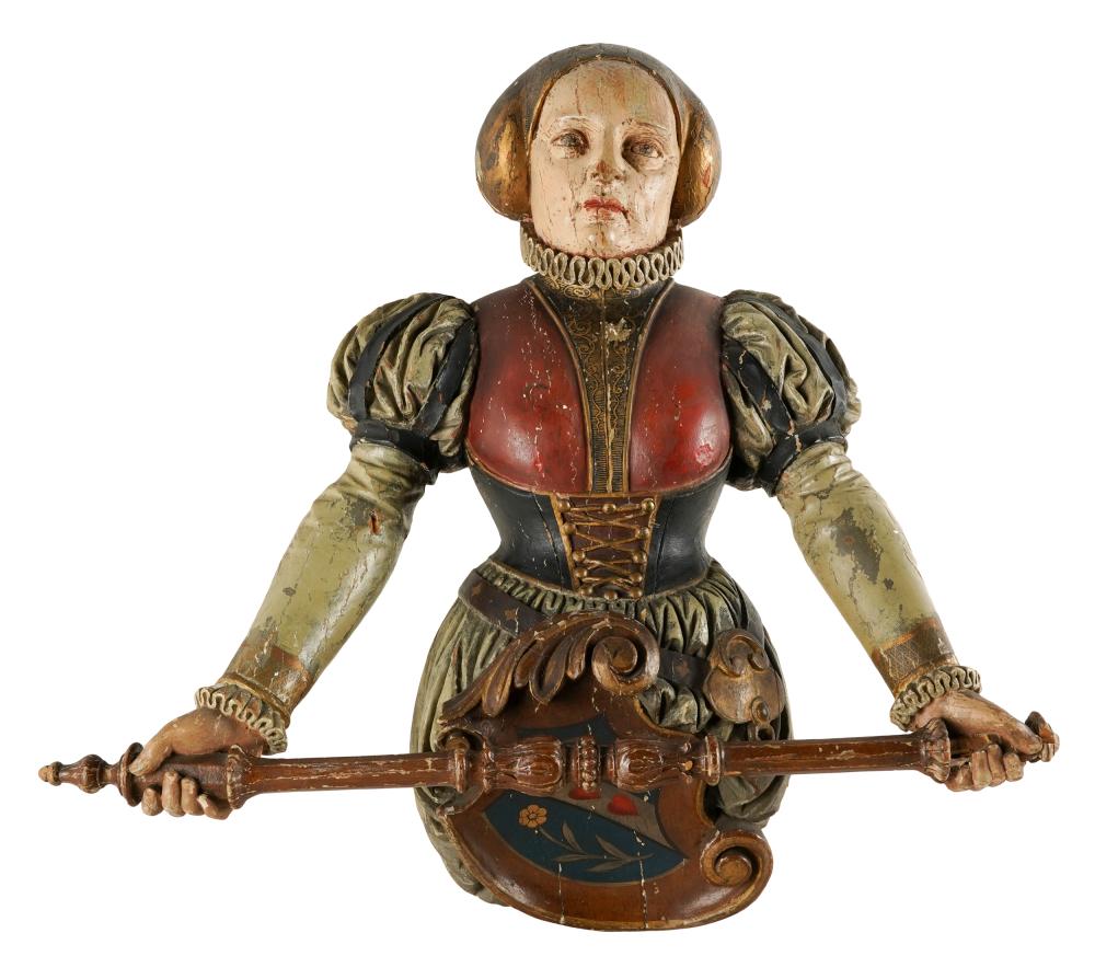 Appraisal: CARVED PAINTED WOOD FIGURAL ARCHITECTURAL ELEMENTpossibly for a masthead Condition