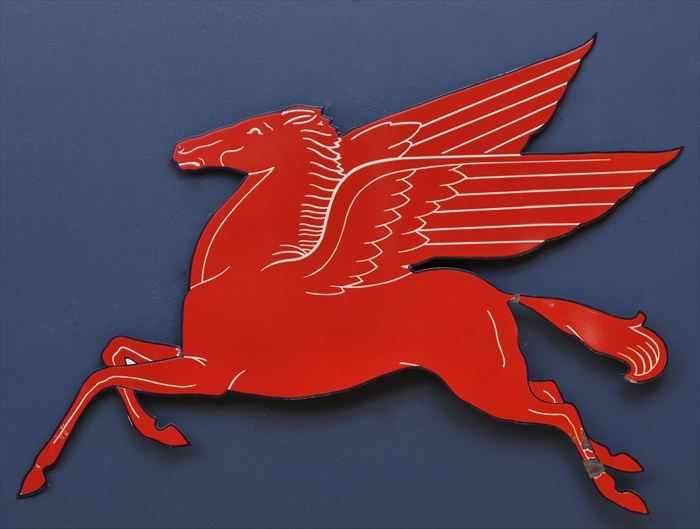 Appraisal: LITHOGRAPHIC MOLDED MOBIL PEGASUS SIGN Together with a blue-ground enamel