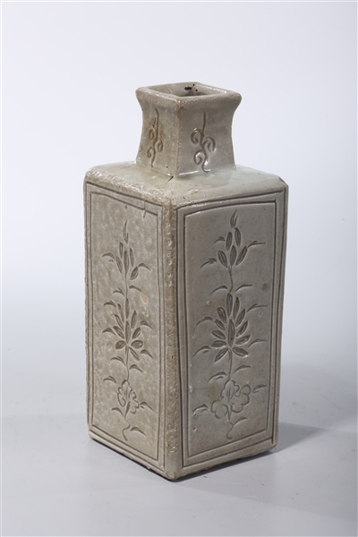 Appraisal: Korean glazed ceramic four-faceted vase with incised floral design with