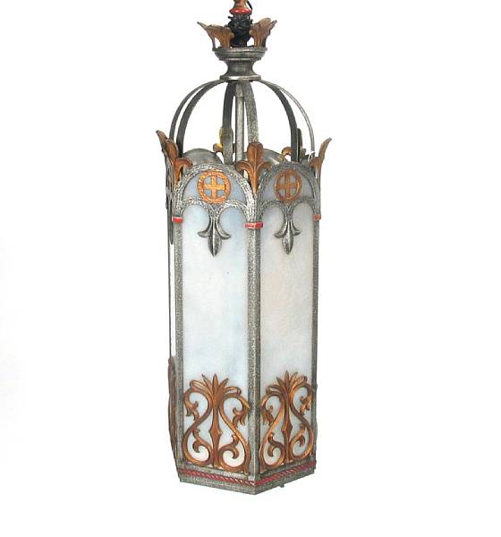 Appraisal: An Arts and Crafts wrought metal and paint decorated hanging