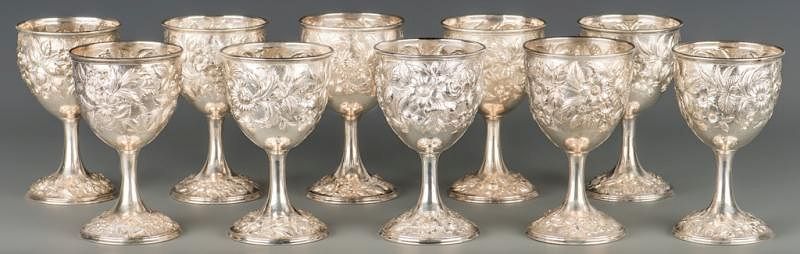 Appraisal: Kirk Repousse Sterling Goblets Set of sterling silver goblets in