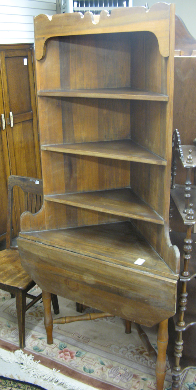 Appraisal: CORNER DISPLAY SHELVES ON DROP-LEAF STAND American early th century