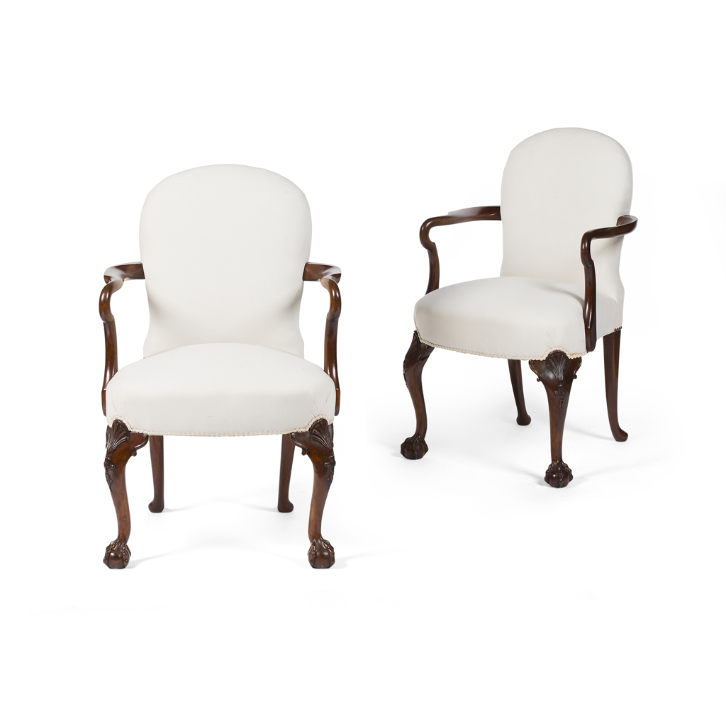 Appraisal: PAIR OF GEORGE II STYLE WALNUT ARMCHAIRS EARLY TH CENTURY