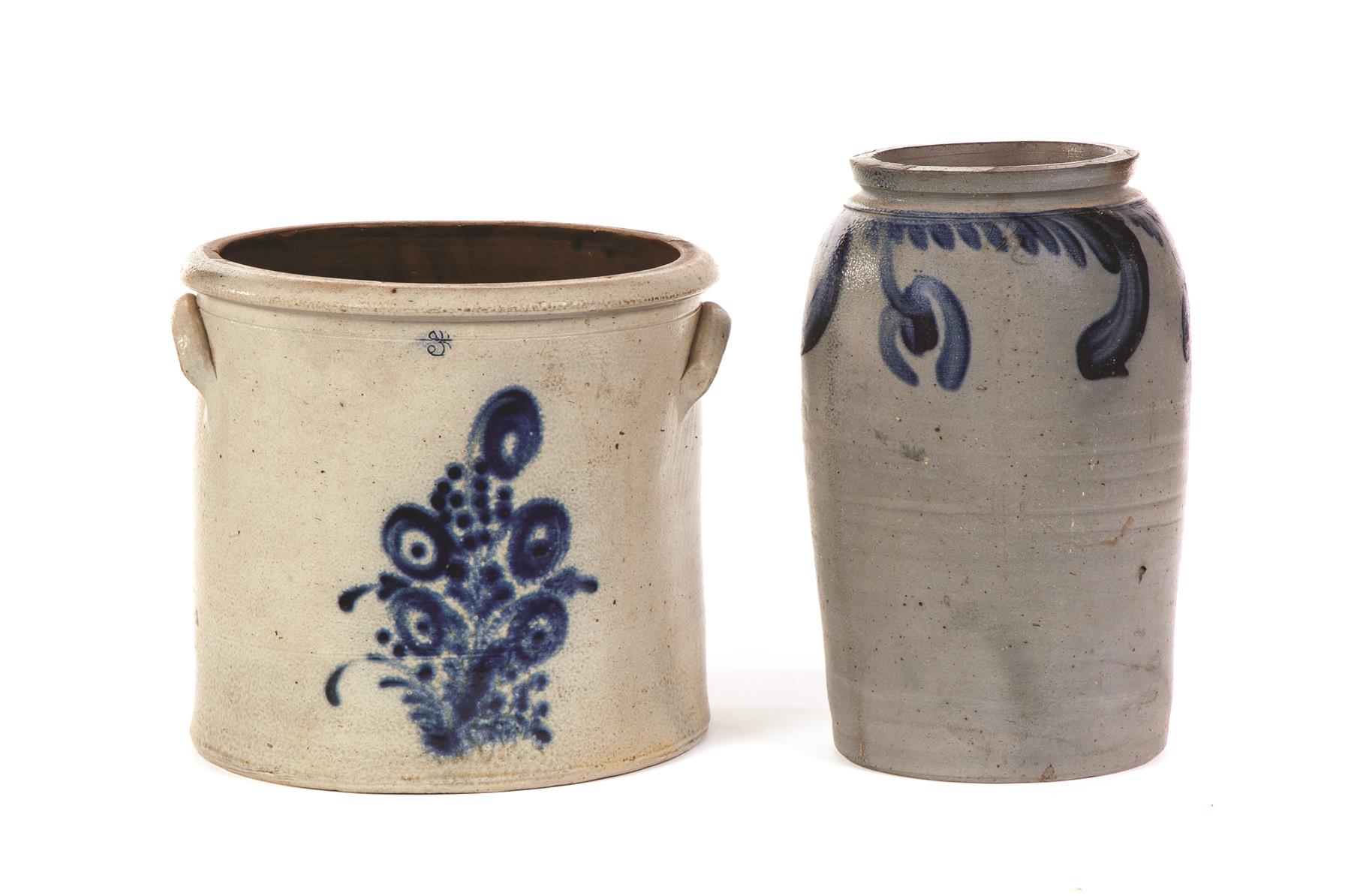 Appraisal: TWO STONEWARE JARS WITH FREEHAND COBALT DECORATION American nd half-