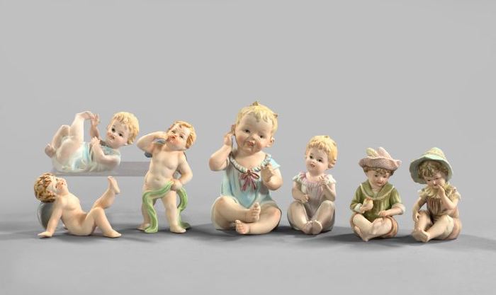 Appraisal: Collection of Seven Polychromed Biscuit Porcelain Figures first quarter th