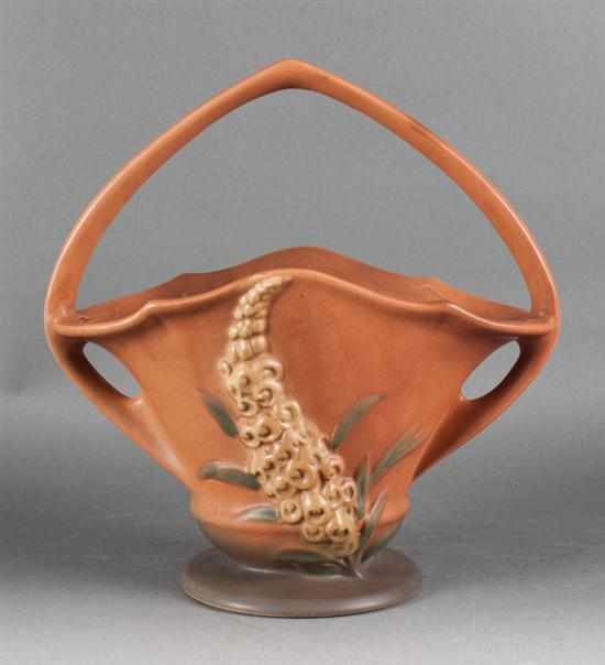 Appraisal: Roseville Fox Glow pottery basket second quarter- th century terracotta