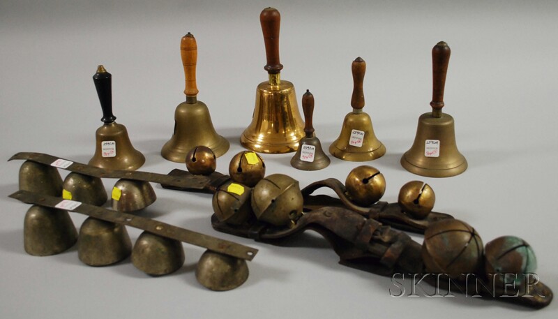 Appraisal: Collection of Bells six hand bells two leather straps of