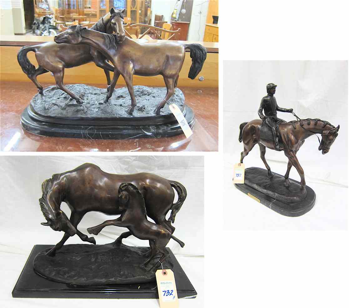 Appraisal: THREE EQUESTRIAN BRONZE SCULPTURES after the work of Pierre Jules