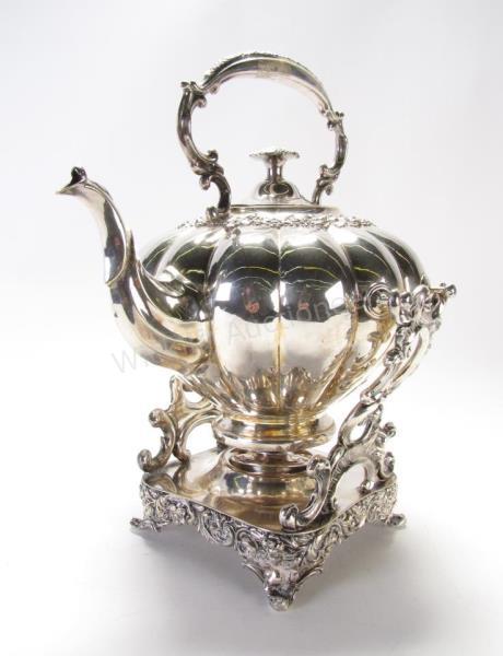 Appraisal: Sheffield Silverplate Hot Water Kettle on Stand large tilting kettle